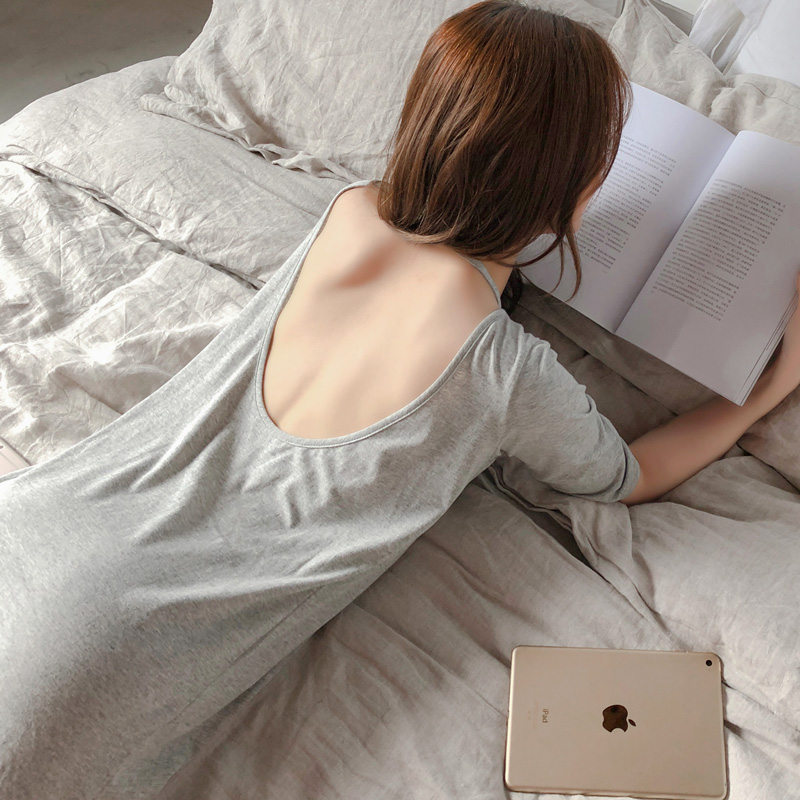巧语家居服莫代尔纯色睡裙女夏中袖性感纯棉露背连体睡衣圆领长款少女韩版秋1