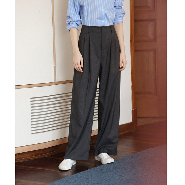 Gray high-waist pleated trousers, wide-leg casual pants, loose pants, women's autumn new style, versatile, slimming suit pants for commuting