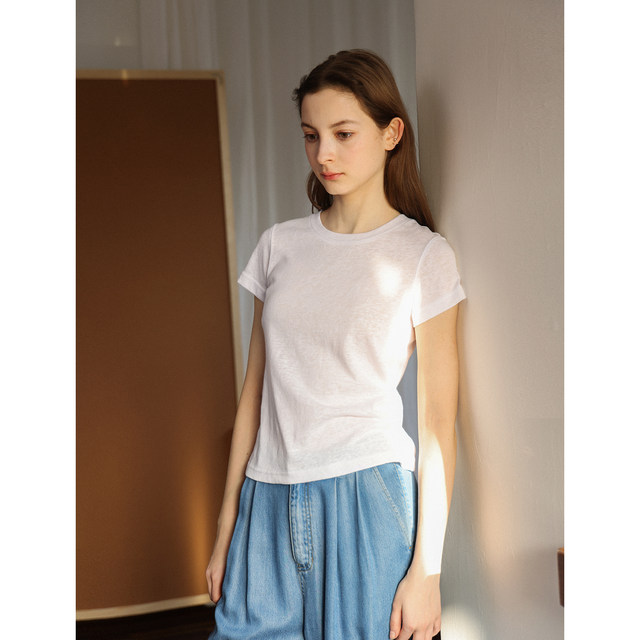 Pure white imitation linen texture slightly transparent thin style slightly loose shoulder round neck short-sleeved T-shirt for women's summer versatile top