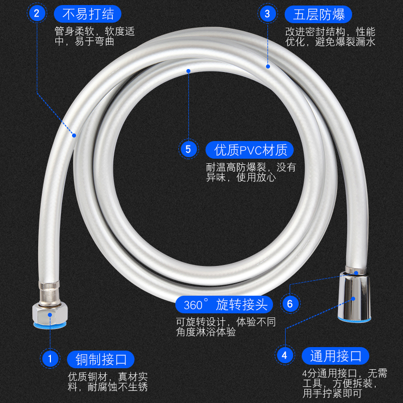 PVC彩色淋浴软管花洒喷头连接软管1.2米1.5米不锈钢防爆淋浴管