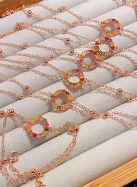 ins天然碧玺镶嵌手链甜甜圈精美银切面水晶饰品延长链手串