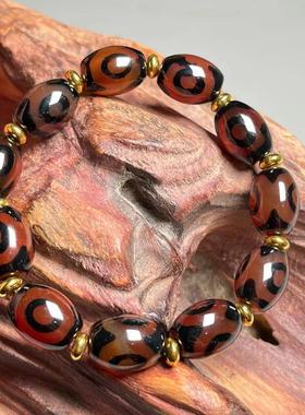 西藏天珠玛瑙桶珠手链男女款老玛瑙手串转运三眼天珠玛瑙藏族手串