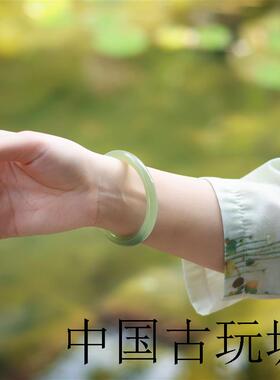 纯高端和田玉手镯青海料冰底湖水绿手镯女晴水女款正品带国检证书