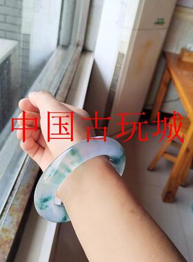 高端缅甸老坑翡翠色高冰蓝水飘花手镯冰种胖圆条正圈冰透复古镯子