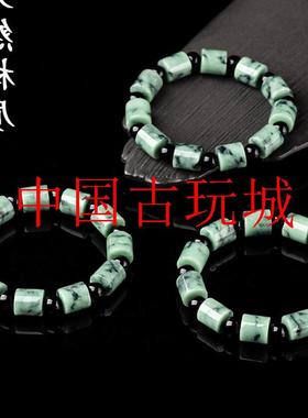 缅甸翡翠色浅绿飘花桶珠路路通手串水墨风男女款花青新中式玉手链