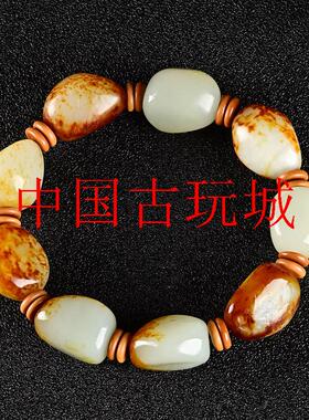 精选捡漏新疆和田玉白玉籽料手串原石红皮手链黄泌皮玉石手链送礼
