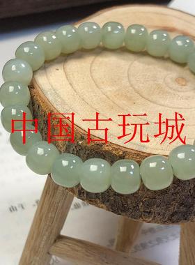 和田玉且末蓝浅色晴水老形珠手串