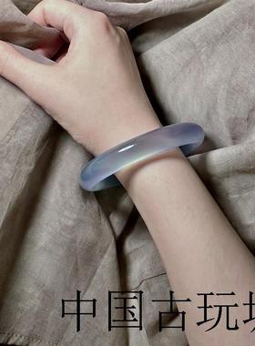 冷白冰高端玻璃种玛瑙手镯子冰种紫罗兰圆条蓝紫色玉髓保真带证书