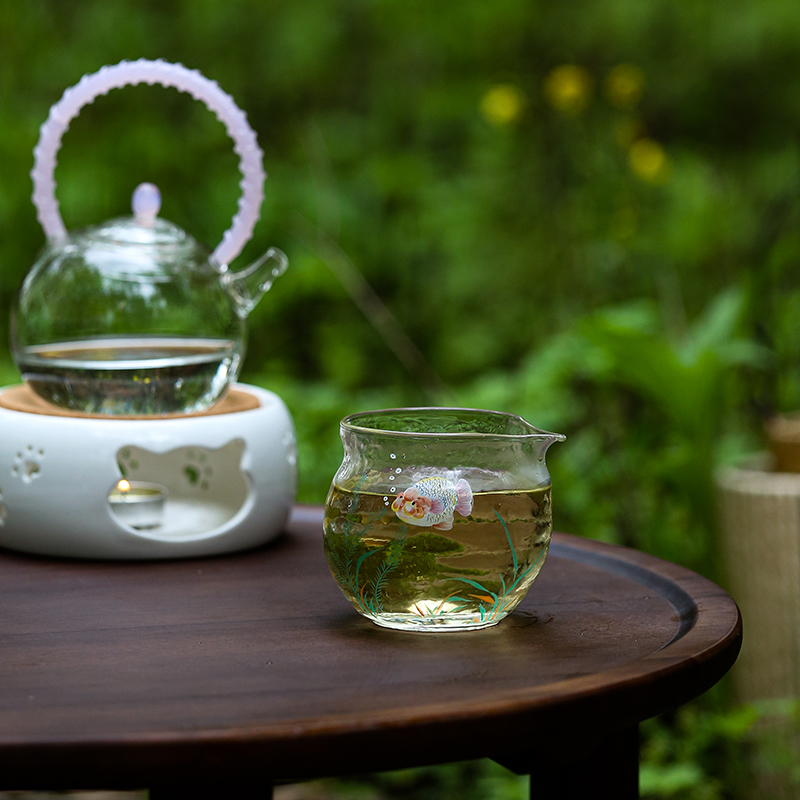 叶屿 胖头鱼手绘玻璃公道杯吐泡若谷茶海耐热高硼硅加厚分茶器