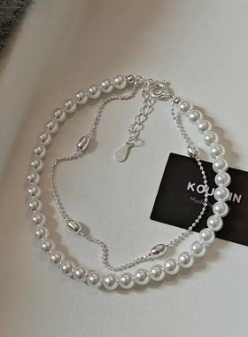 深圳旭佳S925纯银珍珠米粒珠双层项链女气质轻奢极简韩系颈链锁骨