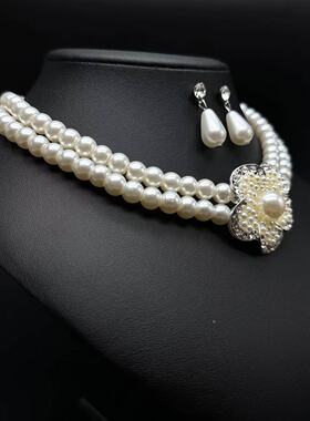 新娘双层珍珠项链耳环两件套结婚舞台首饰婚纱礼服配饰现货批发
