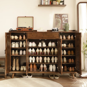 家逸实木鞋柜收纳美式带轮带锁透气鞋架多层玄关柜家用门口大容量