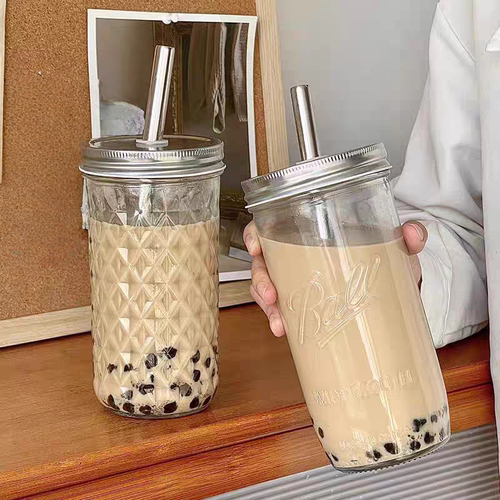 珍珠奶茶杯 加粗吸管玻璃杯子ins风梅森杯咖啡杯大容量冷饮果汁杯 - 图0