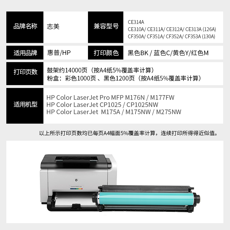 志美适用惠普CP1025NW成像鼓CE314A硒鼓M175NW M175A M275NW打印-图1