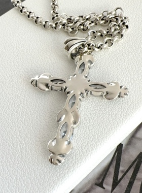 韩单s925纯银玫瑰皇冠镶钻十字架吊坠个性复古欧美潮牌百搭毛衣链