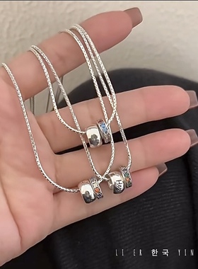 韩国原单s925纯银ins双圆环彩钻字母路路通转运珠项链锁骨链轻奢