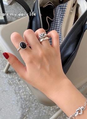 韩代原单s925纯银椭圆黑玛瑙戒指复古螺纹黑石个性甜酷食指戒轻奢