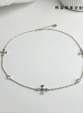 韩代s925纯银复古十字架项链女设计感拼接短款锁骨颈链气质百搭潮