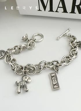 韩国定制s925纯银手链新款马上有钱花转运复古个性ot扣粗链条男女