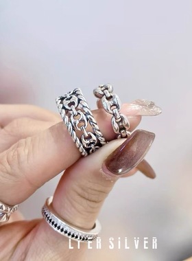 韩单重工s925纯银猪鼻子戒指复古朋克风男女中性风宽面闭口食指戒