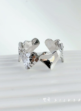 韩代S925纯银戒指法式轻奢碎冰冰桃心戒指心连心闺蜜礼物2026新款