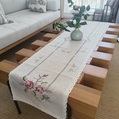 出口原单合同40x170亚麻双花牡丹绣布艺桌旗酒柜或者五斗橱茶几布 - 图2