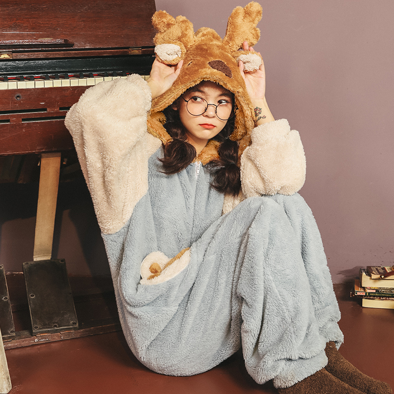 若昕服饰旗舰店珊瑚绒睡衣女春秋冬季连体卡通动漫可爱甜美套装加厚法兰绒家居服0