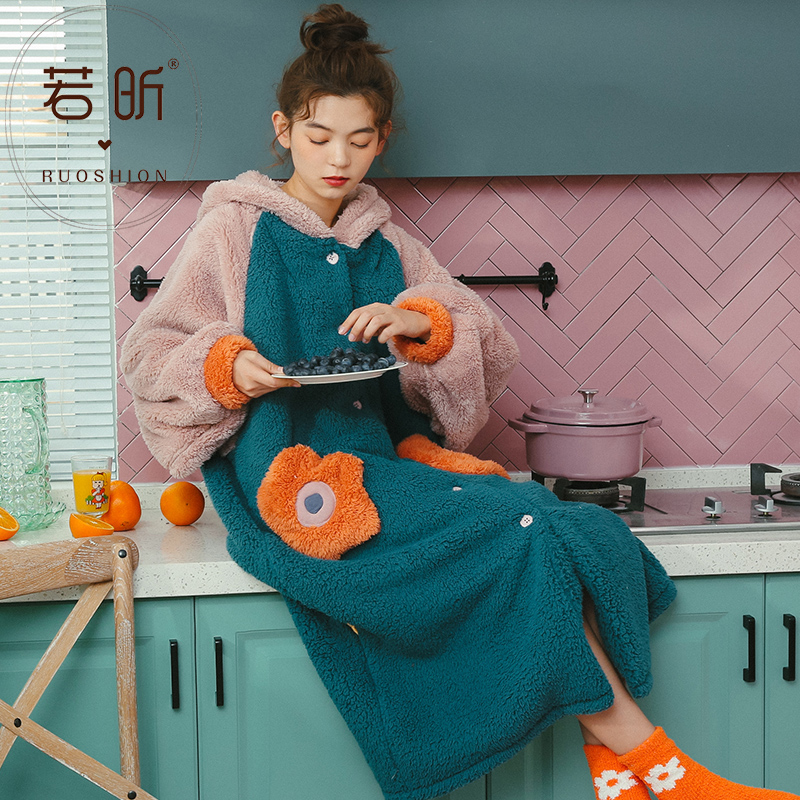 若昕服饰旗舰店珊瑚绒睡衣睡袍秋冬季女可爱甜美卡通加厚学生法兰绒中长款家居服2