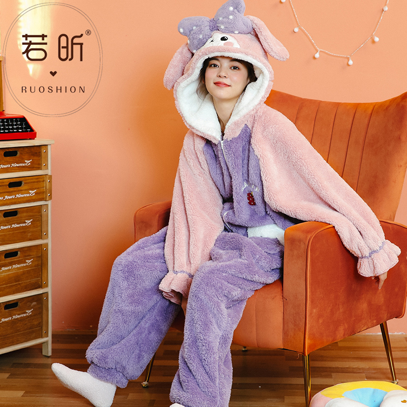 若昕服饰旗舰店珊瑚绒睡衣女春秋冬季连体卡通动漫可爱甜美学生加厚法兰绒家居服0