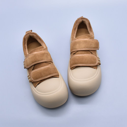 2025秋冬新款欧货魔术贴厚底运动休闲鞋真皮丑萌娃娃头板鞋女加绒 - 图0