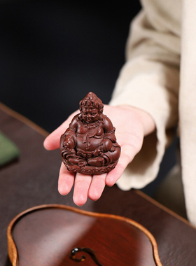 紫砂茶宠宜兴正品复古雕塑家居茶台茶盘黄财神小礼品茶具茶道摆件