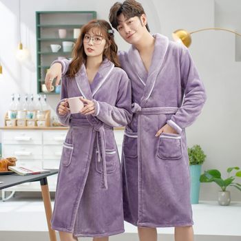 Flannel home wears pajamas ສໍາລັບແມ່ຍິງໃນດູໃບໄມ້ລົ່ນແລະລະດູຫນາວຫນາແລະ velvet ອົບອຸ່ນລະດູຫນາວ coral velvet pajamas ສໍາລັບຜູ້ຊາຍແລະຊຸດອາບນ້ໍາຍາວຂະຫນາດກາງສໍາລັບຄູ່ຜົວເມຍ