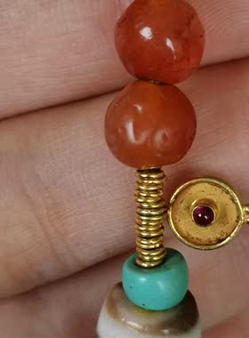 45597千年至纯满朱砂虎纹老天珠老黄金配饰护身符手链 古董珠宝