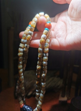 14151  藏传老鱼骨108配西亚黑石绳结珠顶珠老南红腰珠套链