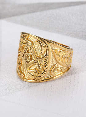 共济会男士戒指欧美流行嘻哈指环钛钢保色真空金色唱潮牌个性指环