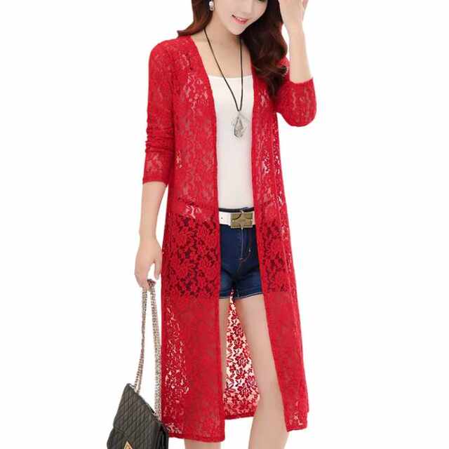 ເສື້ອຢືດ shawl ລະດູໃບໄມ້ປົ່ງແລະລະດູຮ້ອນປີ 2026 ຮູບແບບໃຫມ່ສໍາລັບແມ່ຍິງ mid-length hollow lace cardigan ເສື້ອກັນແດດຫາດຊາຍບາງໆ