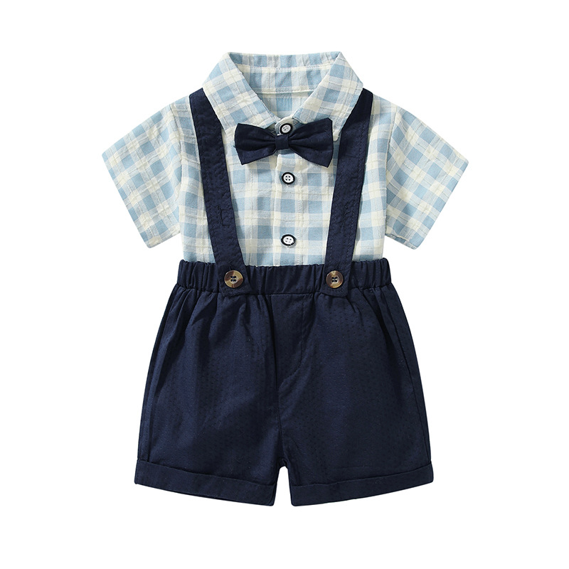 儿童套装夏季宝宝格子衬衫短袖背带裤男童夏装礼服童装婴儿西装