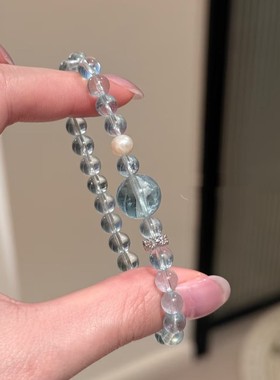 爆款天然冰透海蓝宝单圈水晶手链搭配淡水珍珠清新小众手串送