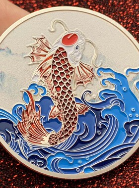 锦鲤鱼跳龙门百福纪念章金币摆件
