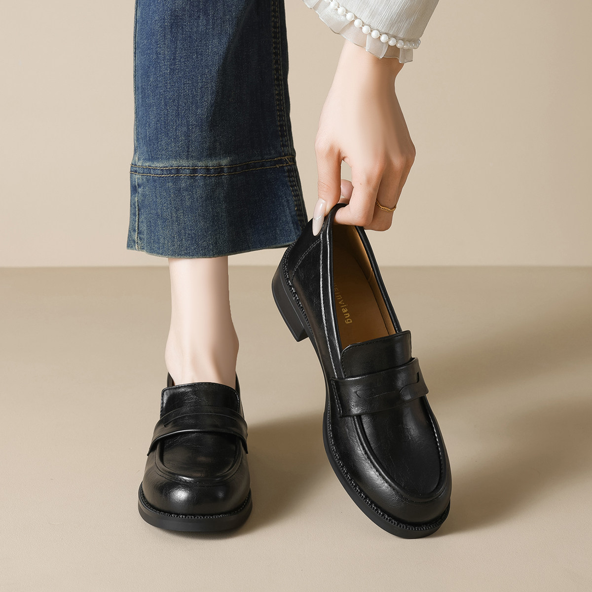 法式圆头粗跟乐福鞋女复古英伦小皮鞋方头软底中跟工作鞋通勤职业,淘宝优惠券,粉丝福利购,淘宝优惠卷