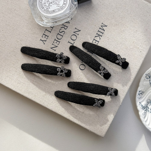 针织毛线黑色秋冬前额刘海一字侧边夹碎发夹子头饰头发卡子女水钻 - 图1