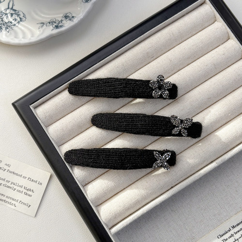 针织毛线黑色秋冬前额刘海一字侧边夹碎发夹子头饰头发卡子女水钻 - 图0