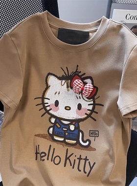 日本offcat联名酷辣KT猫T恤女夏2025新款微胖正肩修身显瘦上衣