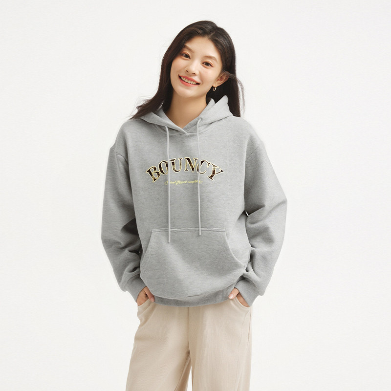 热风女士加绒卫衣连帽宽松内搭上衣2025年冬季新款格纹字母卫衣,淘宝优惠券,粉丝福利购,淘宝优惠卷