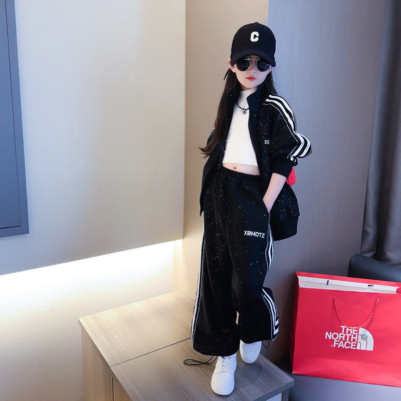 女童春装撒银套装2025春季新款大童时髦洋气拉链衣服运动裤两件套 - 图1