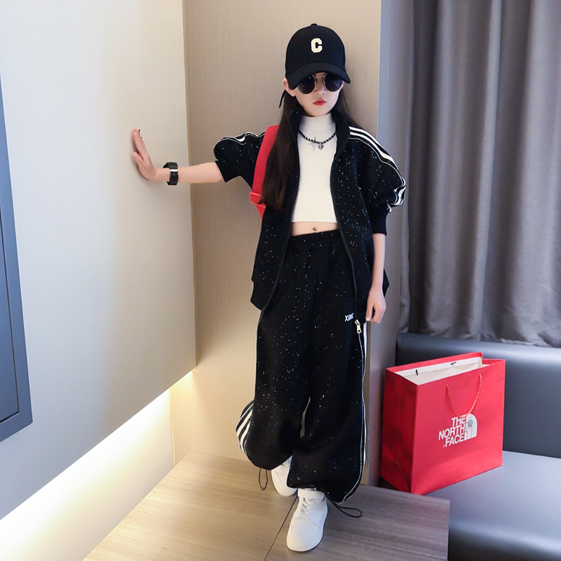 女童春装撒银套装2025春季新款大童时髦洋气拉链衣服运动裤两件套 - 图3