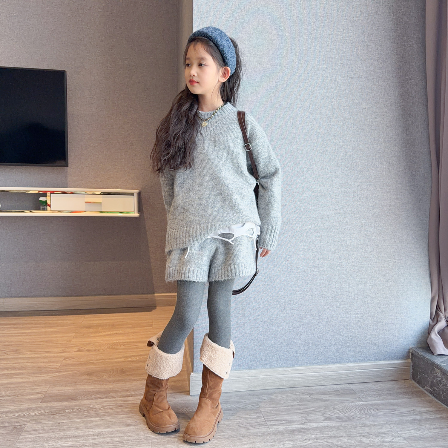 女童韩系针织套装秋冬2026新款时尚女孩酷飒慵懒风毛衣短裤两件套,淘宝优惠券,粉丝福利购,淘宝优惠卷