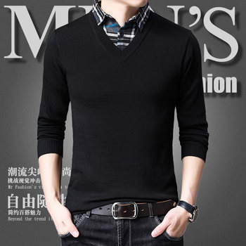 Spring and Autumn new men's knitted sweaters thin-sleeved T-shirt Korean version slim trendy shirt V-neck fake two-piece shirt