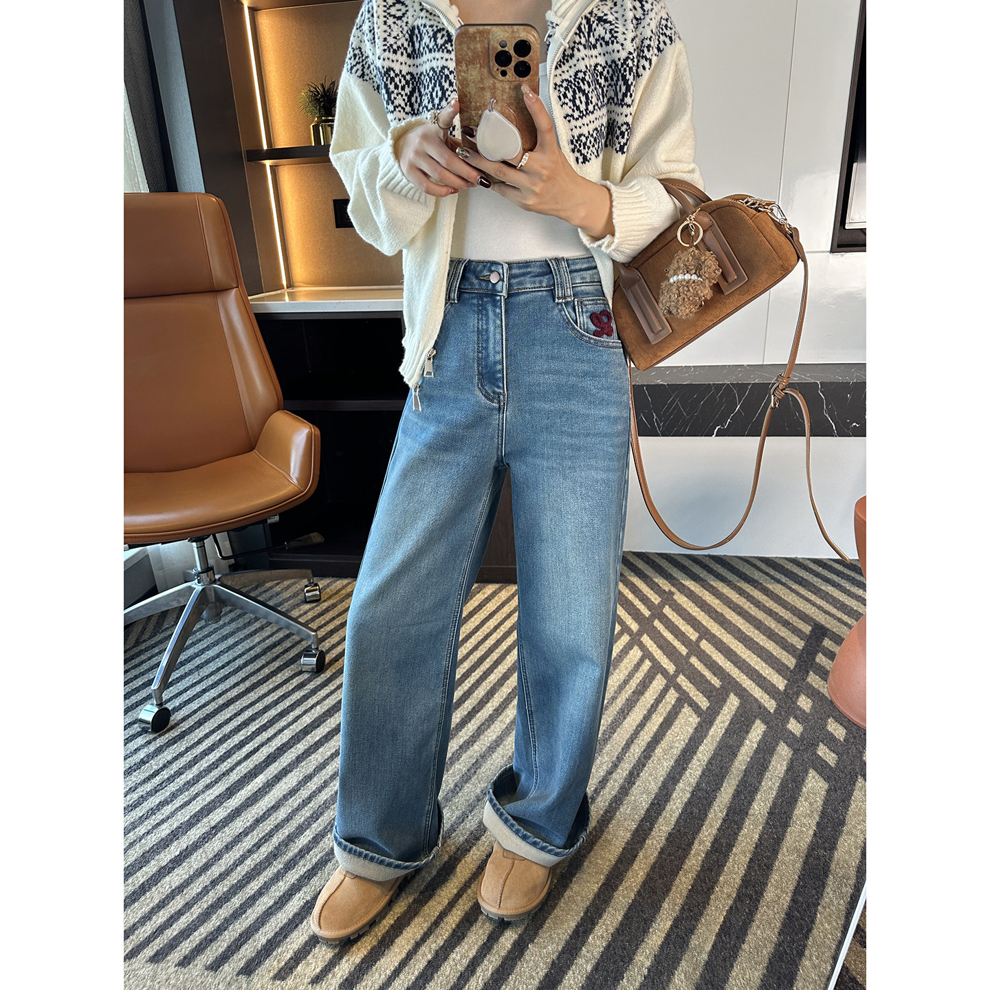 时髦尖子生！~设计感毛巾刺绣阔腿裤女冬新加绒宽松直筒牛仔长裤,淘宝优惠券,粉丝福利购,淘宝优惠卷