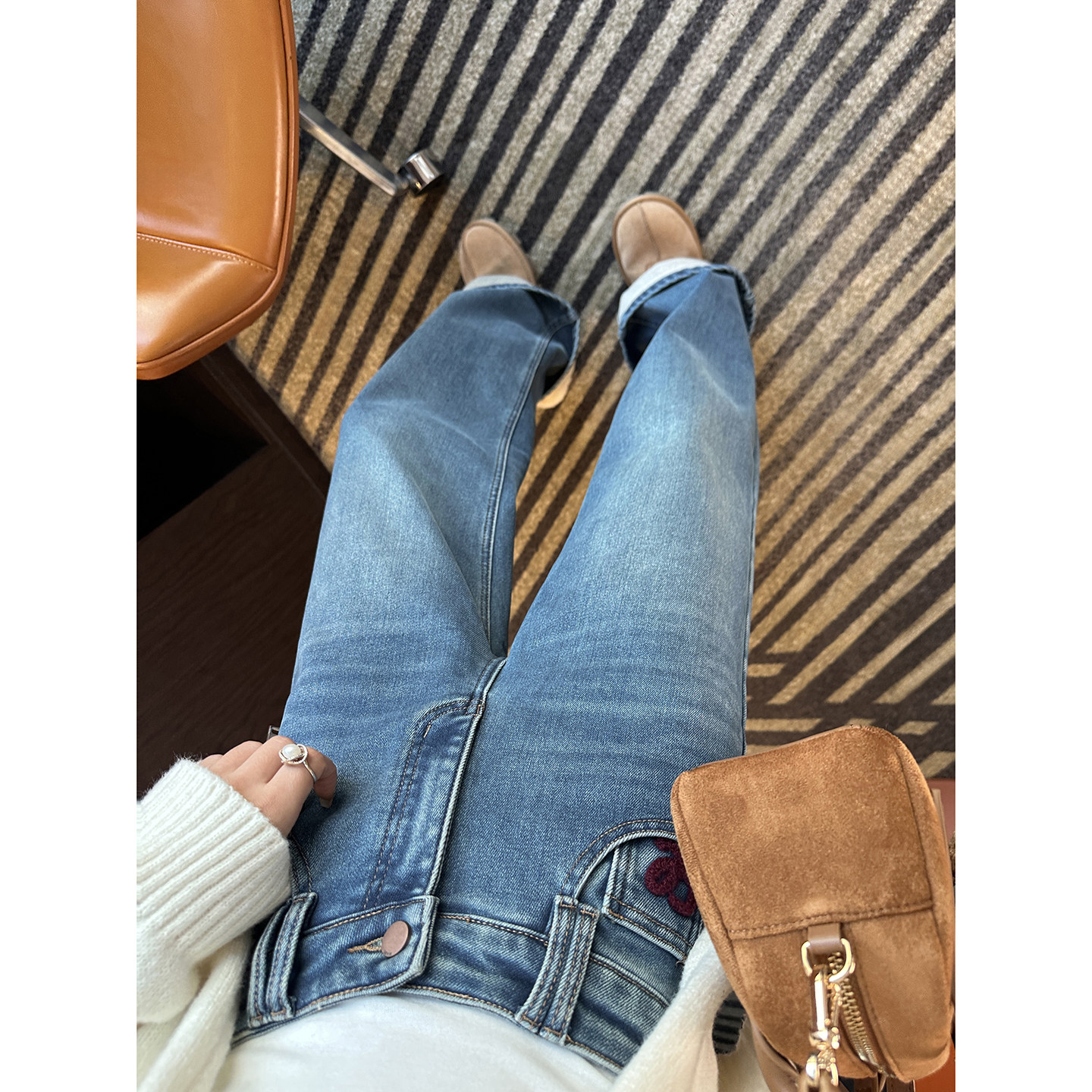 时髦尖子生！~设计感毛巾刺绣阔腿裤女冬新加绒宽松直筒牛仔长裤,淘宝优惠券,粉丝福利购,淘宝优惠卷